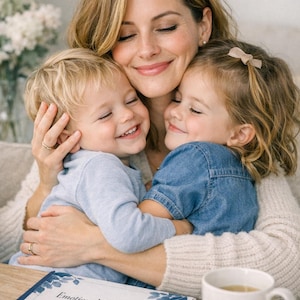 Puede incluir: Una mujer abraza a dos niños pequeños sonriendo con los ojos cerrados. Los niños llevan ropa azul. Un libro titulado "Emotional Bandwidth Audit" y una taza blanca están sobre una mesa. La escena es cálida y acogedora.