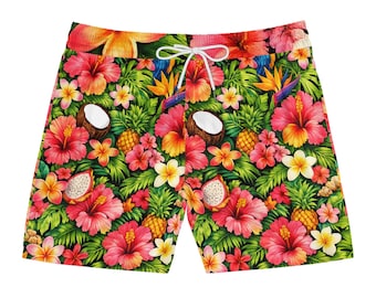 Tropical Hibiscus & Fruit Swim Shorts | Pineapple Coconut Floral Pattern