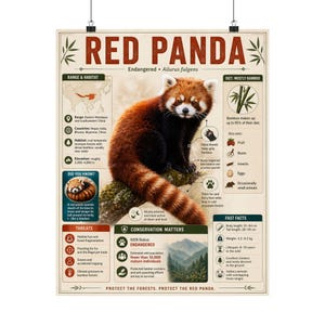 May include: A poster detailing information about the endangered red panda. The poster includes facts about the animal's habitat, diet, and threats. The red panda is shown with reddish-brown fur and a long, striped tail. The poster's dimensions are not specified.