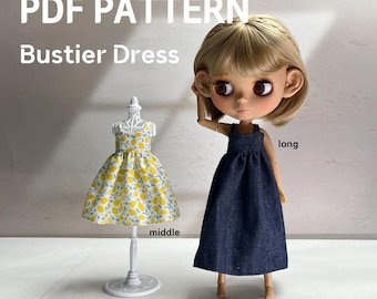Patrón de costura en PDF para vestido tipo bustier Blythe ob24, patrón de ropa para muñecas en 3 tallas, tutorial para vestido en miniatura.