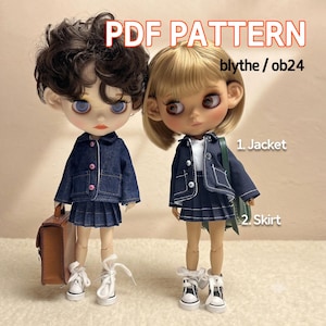 May include: Two dolls wearing matching dark blue denim jackets and pleated skirts. The text reads PDF PATTERN blythe / ob24, 1. Jacket, 2. Skirt. One doll has curly dark hair and a brown briefcase, the other has straight blonde hair and a green bag.