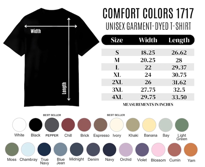 May include: A black Comfort Colors 1717 unisex garment-dyed t-shirt. The image shows the back of the shirt with measurements in inches. Size options range from S to 4XL, with a variety of colors available, including white, black, and navy.