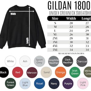 May include: Black unisex crewneck sweatshirt with size and color options. The image includes a size chart with measurements in inches, ranging from S to 5XL. Color options include black, red, maroon, and more.