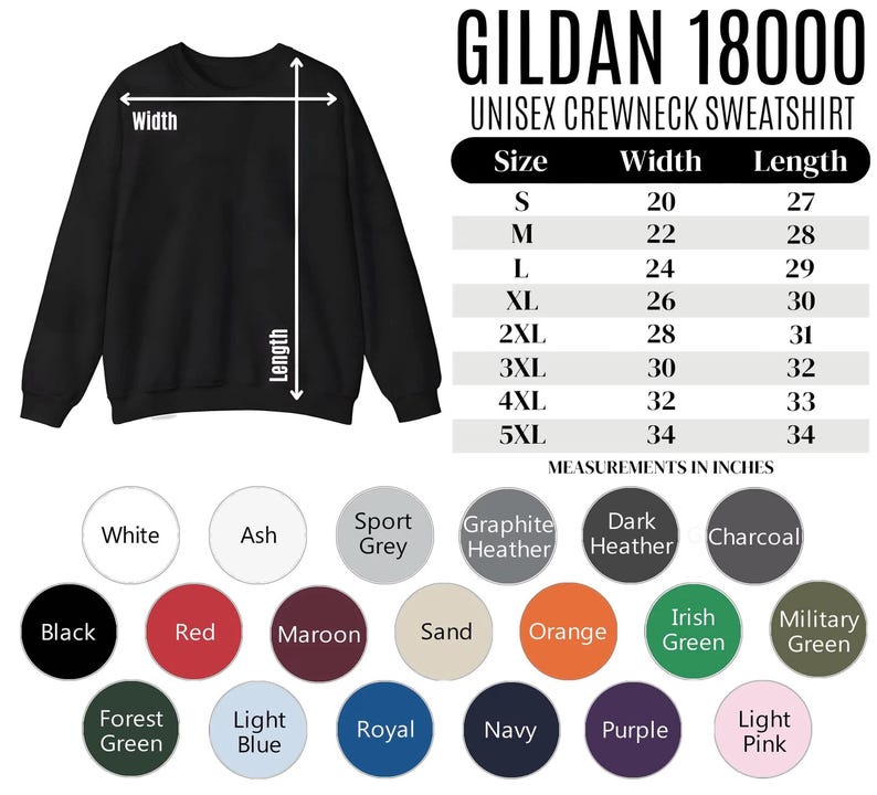 May include: Black unisex crewneck sweatshirt with size and color options. The image includes a size chart with measurements in inches, ranging from S to 5XL. Color options include black, red, maroon, and more.