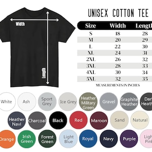 May include: Black unisex cotton tee with size and color options. The size chart shows measurements in inches, with widths ranging from 18 to 32 inches and lengths from 28 to 35 inches. Available colors include white, black, red, and more.
