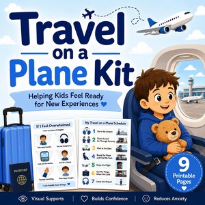 Può includere: Un "Kit da viaggio in aereo" blu con la scritta "Aiutare i bambini a sentirsi pronti per nuove esperienze". L'immagine include un bambino in aereo, una valigia, un passaporto e pagine stampabili con consigli di viaggio.