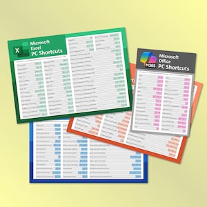 May include: Three rectangular reference sheets displaying Microsoft software keyboard shortcuts. One green sheet for Excel, one gray sheet for Microsoft Office M365, and one blue sheet for Word. Each sheet lists commands and their corresponding key combinations.