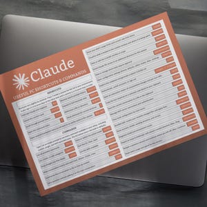 May include: A rectangular reference sheet with a terracotta background titled Claude Useful PC Shortcuts & Commands. It lists various keyboard shortcuts and slash commands for the Claude interface, organized into sections with white text and buttons.