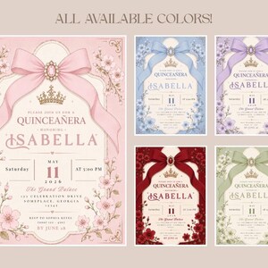 K&ouml;nnte beinhalten: Eine Auswahl an Quincea&ntilde;era-Einladungen in verschiedenen Farben, darunter Rosa, Blau, Lila, Rot und Gr&uuml;n. Jede Einladung zeigt eine Schleife, eine Krone und florale Elemente, mit dem Namen "Isabella". Der Text "All Available Colors!" steht oben.