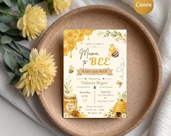 Mama To Bee-Babypartyeinladung, Aquarell Bienen, Honigwabe, bearbeitbare Canva Vorlage (digitaler Download)