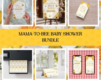 Mama To Bee Babyparty Bundle-Vorlage, Babyparty Einladung, Willkommensschild, Geschenkanhänger, Lebensmitteletiketten und Mobile Invite