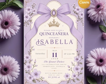 Lila Blumen Quinceaña Einladung Vorlage | Handy-Version | Coquette Bow Sweet 15 Canva Invite (Digitaler Download)