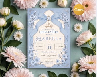 Blaue Blumen Quinceaño-Einladungsvorlage | Handy-Version | Coquette Bow Sweet 15 Canva Invite (Digitaler Download)