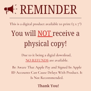 K&ouml;nnte beinhalten: Hinweis zu einem digitalen Produkt mit braunem und schwarzem Text auf hellpfirsichfarbenem Hintergrund. Der Text enth&auml;lt "REMINDER", "Sie erhalten KEINE physische Kopie!" und "KEINE R&Uuml;CKERSTATTUNG verf&uuml;gbar."