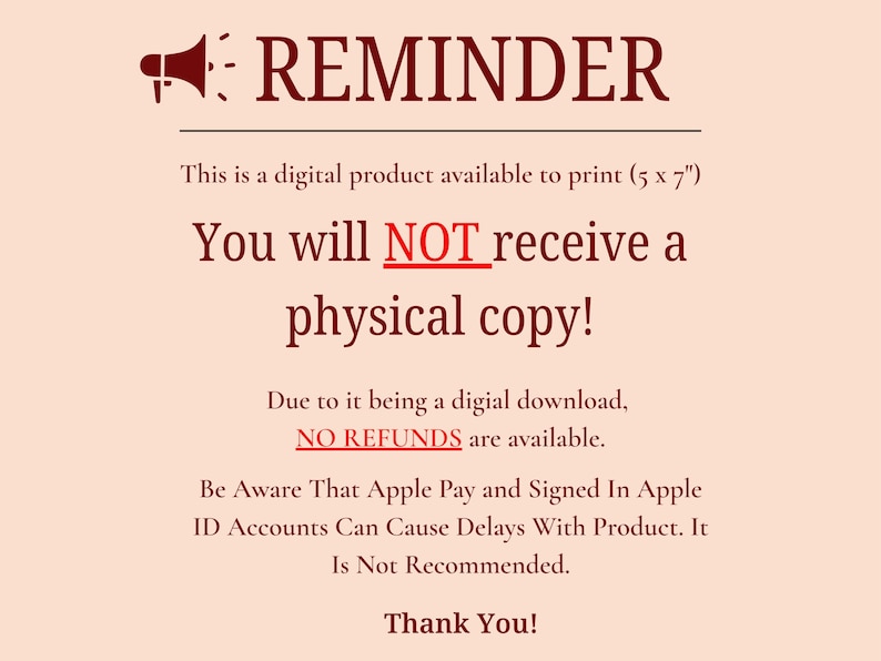 K&ouml;nnte beinhalten: Hinweis zu einem digitalen Produkt mit braunem und schwarzem Text auf hellpfirsichfarbenem Hintergrund. Der Text enth&auml;lt "REMINDER", "Sie erhalten KEINE physische Kopie!" und "KEINE R&Uuml;CKERSTATTUNG verf&uuml;gbar."