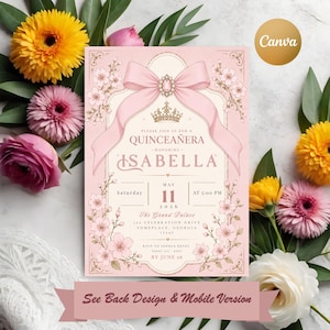 K&ouml;nnte beinhalten: Rosa Quincea&ntilde;era-Einladung mit Schleifen- und Blumendesign. Die Einladung enth&auml;lt den Text "Please join us for a Quincea&ntilde;era honoring Isabella" und Veranstaltungsdetails. Das Design zeigt eine Krone und florale Akzente.