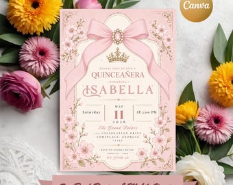 Rosa Blumen Quinceaña Einladung Vorlage | Coquette Bow Sweet 15 Canva Invite (Digitaler Download)
