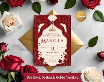 Rote Blumen Quinceaña Einladung Vorlage | Coquette Bow Sweet 15 Canva Invite (Digitaler Download)