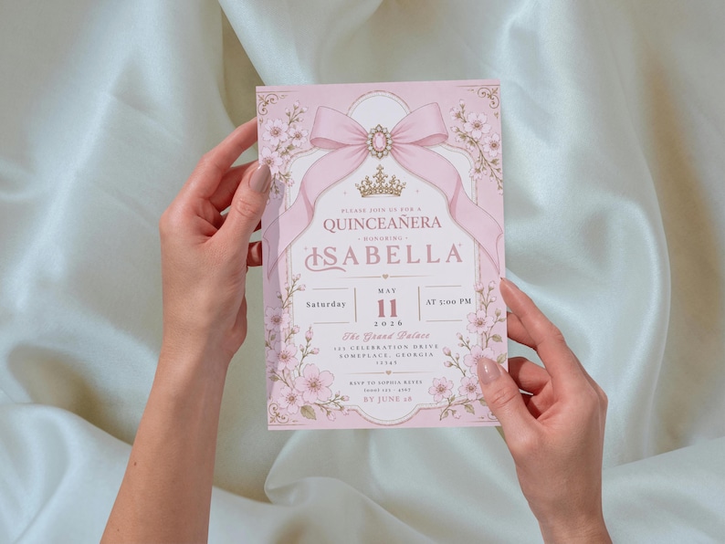 K&ouml;nnte beinhalten: Eine rosa Quincea&ntilde;era-Einladung mit floralen und Schleifen-Akzenten. Die Einladung zeigt den Namen "Isabella" und Veranstaltungsdetails, einschlie&szlig;lich Datum, Uhrzeit und Ort. Das Design umfasst eine Krone und dekorative Verzierungen.
