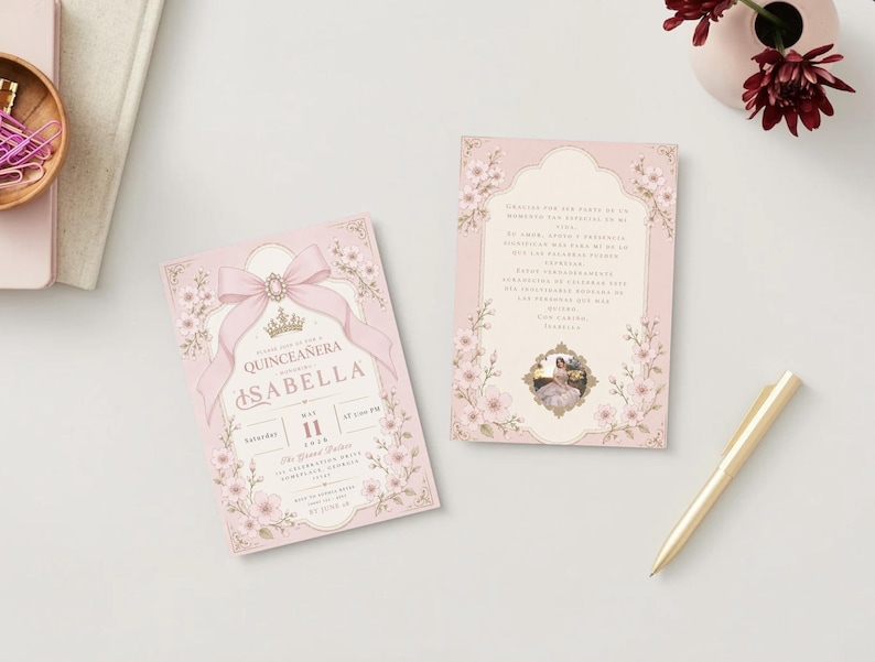 K&ouml;nnte beinhalten: Zwei rosa Quincea&ntilde;era-Einladungen mit Blumen- und Schleifendesigns. Die vordere Einladung tr&auml;gt den Namen "Isabella" und Veranstaltungsdetails. Die hintere Einladung hat Text auf Spanisch und ein kleines Foto. Ein goldener Stift und Blumen sind ebenfalls im Bild.