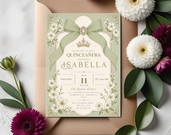 Grüne Blumen Quinceaña Einladung Vorlage | Handy-Version | Coquette Bow Sweet 15 Canva Invite (Digitaler Download)