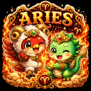 Pode incluir: Ilustração do signo do zodíaco de Áries com uma criatura vermelha parecida com um pássaro em uma fantasia de ovelha e um dragão verde, ambos adornados com ouro e joias. A palavra "ARIES" é exibida em letras douradas, cercada por chamas e em um fundo preto.