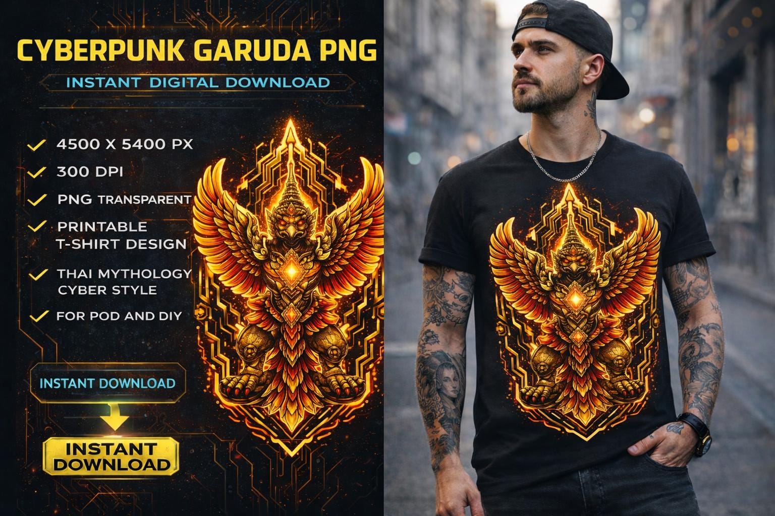 Cyberpunk Garuda PNG, Thai Mythology Garuda Art, Gold Neon Wing Design ...