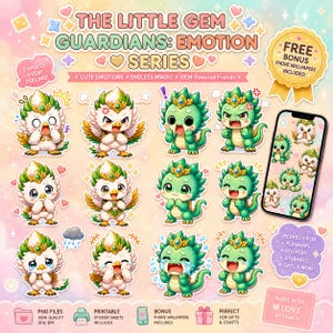 Pode incluir: Uma impressão de arte digital com personagens de desenhos animados, incluindo criaturas semelhantes a pássaros e dragões com várias expressões. A imagem inclui texto que diz "The Little Gem Guardians: Emotion Series" e "Express Every Feeling!"