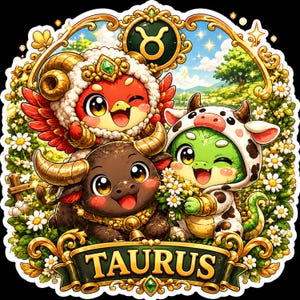Pode incluir: Um autocolante colorido do zodíaco de Touro com personagens de desenhos animados. O design inclui um carneiro, um touro e uma criatura com uma fantasia de vaca, rodeados por flores e uma faixa que diz "TAURUS".
