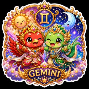 Pode incluir: Um autocolante colorido do zodíaco de Gêmeos com duas personagens de desenho animado, um pássaro vermelho e um dragão verde, de mãos dadas. O autocolante tem uma moldura dourada com um sol, uma lua, estrelas e o símbolo de Gêmeos.