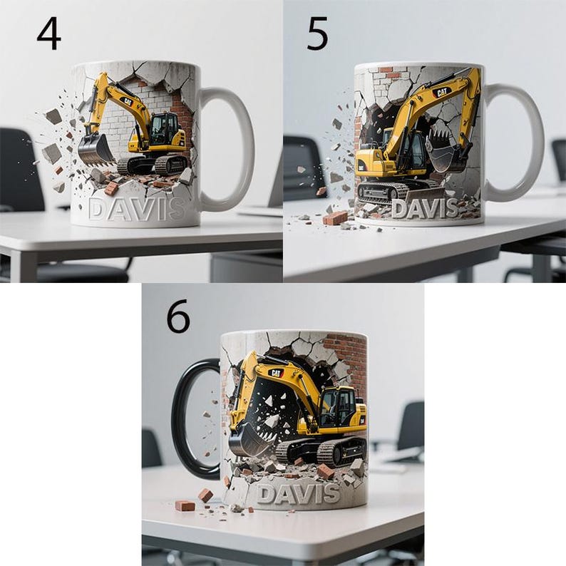 Peut inclure: Mug en c&eacute;ramique blanche avec un design d'excavatrice jaune et noir per&ccedil;ant un mur. Le mug porte le nom "DAVIS". L'excavatrice porte le logo "CAT". Le mug est pos&eacute; sur une table blanche.