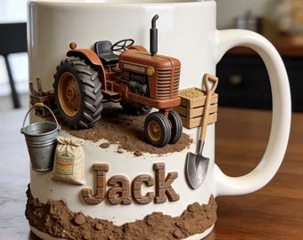 Tasse à café 3D personnalisée avec nom pour tracteur agricole, outil agricole personnalisé, idée cadeau pour jardinier, thème agricole, tasse en céramique de style campagnard