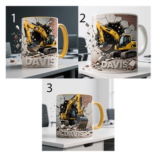 Tasse à café personnalisée pour excavatrice CAT, nom personnalisé, conception de machine de construction, tasse en céramique à poignée jaune, cadeau pour équipement lourd image 7