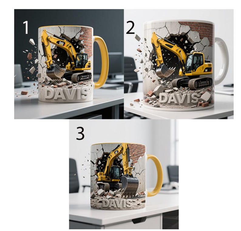 Tasse à café personnalisée pour excavatrice CAT, nom personnalisé, conception de machine de construction, tasse en céramique à poignée jaune, cadeau pour équipement lourd image 7
