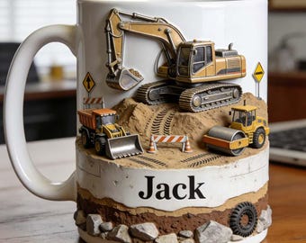 Tasse à café personnalisée Construction Zone Design 3D sur pelle et rouleau Nom personnalisé Cadeau pour constructeur Tasse à café sur le thème de la machinerie lourde pour le bureau