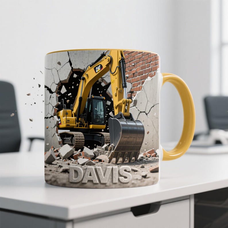 Tasse à café personnalisée pour excavatrice CAT, nom personnalisé, conception de machine de construction, tasse en céramique à poignée jaune, cadeau pour équipement lourd image 1