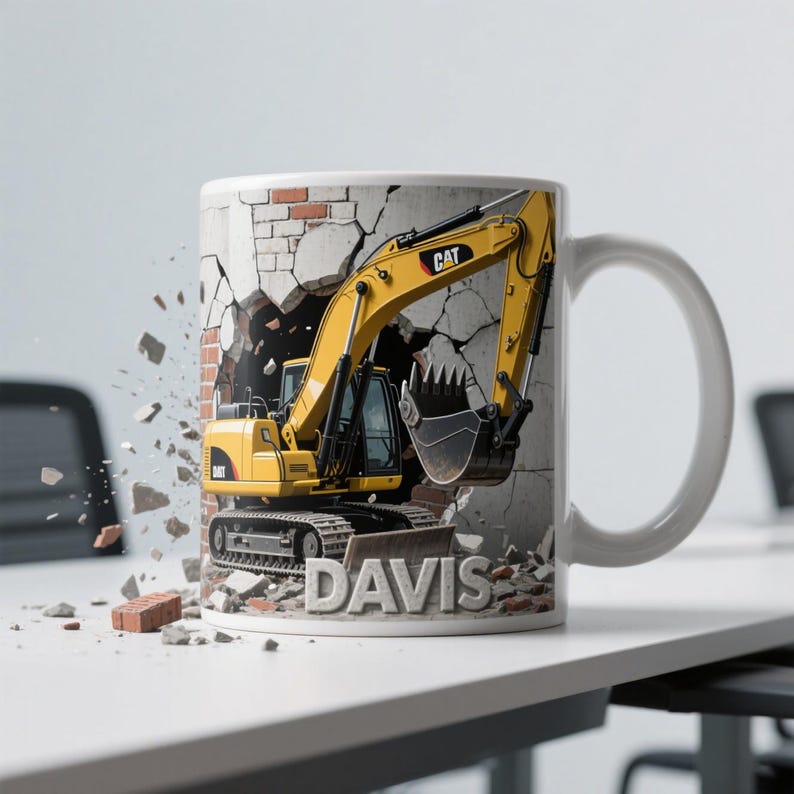 Peut inclure: Mug en c&eacute;ramique blanche avec un excavateur jaune per&ccedil;ant un mur de briques. Le logo CAT est visible sur l'excavateur. Le nom "DAVIS" est affich&eacute; en dessous. Le mug est pos&eacute; sur une surface blanche.