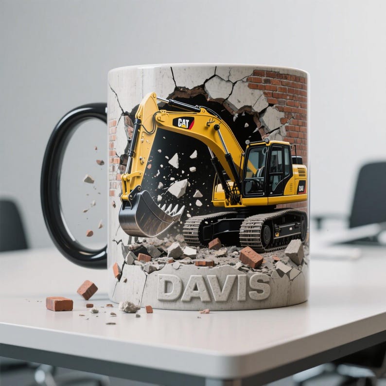 Peut inclure: Mug en c&eacute;ramique blanche avec une anse noire. Il pr&eacute;sente un design d'une excavatrice CAT jaune per&ccedil;ant un mur de briques. Le mot "DAVIS" est imprim&eacute; sur la base. L'excavatrice a des chenilles noires et un godet noir.