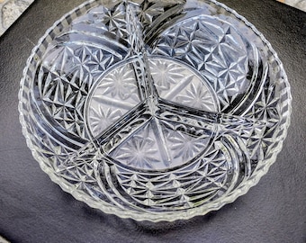 Anchor Hocking Stars and Bars Relish Dish: Clear Textured Pressed Glass Serving Tray