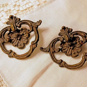 Vintage Ornate Brass Drawer Pulls with Ring Drop Handle Set of Two