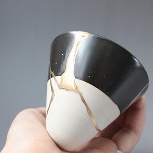 Food Safe Kintsugi Espresso Cup Set, Modern Black Conical Ceramic Mug with Cube Base, Gold Patch Repair, Wabi Sabi Gift