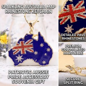 May include: A gold-toned keychain shaped like the map of Australia, featuring a deep blue enamel finish and clear and red rhinestones forming the flag design. It includes a gold-plated lobster clasp and a secure split ring for attachment.