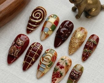 3D Cat Press On Nails Vintage Style, Autumn Fruit Nails, Retro Stiletto Gold Design, Handmade Nail Set 031167