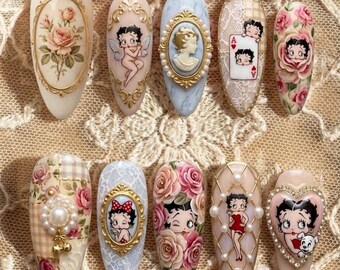 Betty Inspired Vintage Floral Cameo Press On Nails, Coquette Pink Romantic 3D Almond Nail Set 031031