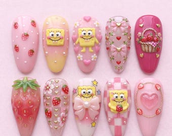 Cartoon Inspired Strawberry Press On Nails, Cute Pink Coquette Nails, 3D Kawaii Dessert Almond Nail Set 031060
