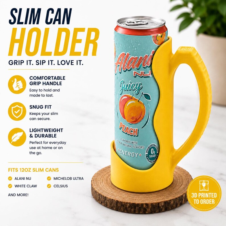 Porta-latas fino para Alani Nu e outros modelos. Sunshine Yellow Matte