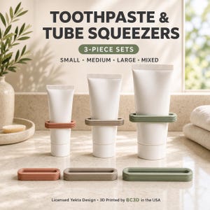 May include: A set of three oval-shaped toothpaste and tube squeezers in terracotta, beige, and sage green. The text reads: TOOTHPASTE & TUBE SQUEEZERS, 3-PIECE SETS, SMALL • MEDIUM • LARGE • MIXED, Licensed Yekta Design • 3D Printed by BC3D in the USA.