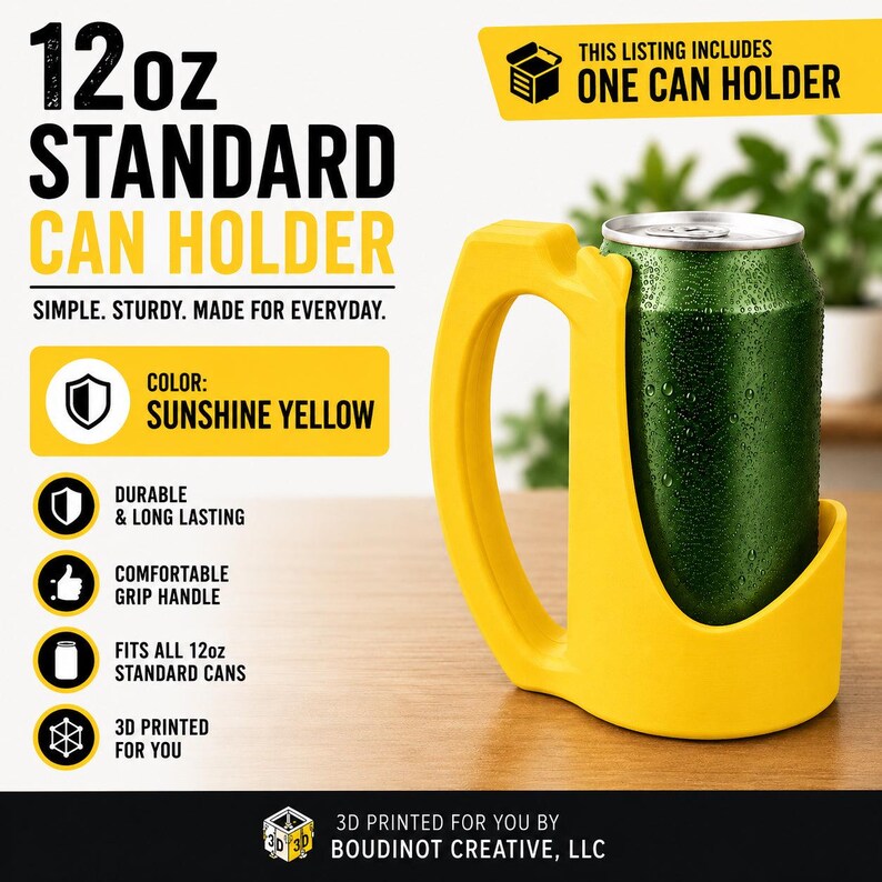 12oz Beverage Can Holder – 3D Printed Sunshine Yellow Matte