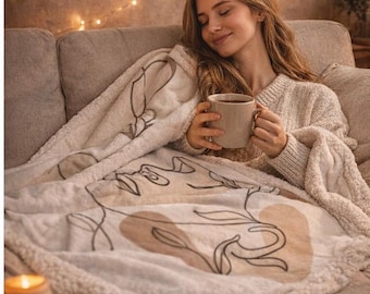 Coperta minimalista con disegni a linee, estetica sherpa, accogliente, neutra, per la decorazione della casa, coperta boho, regalo, morbida coperta in pile per divano, coperta d'arte moderna