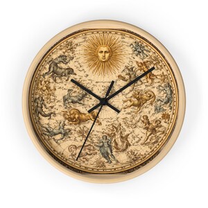 May include: A round wall clock with a beige frame. The clock face features a vintage map design with zodiac illustrations and a sun in the center. Black clock hands indicate the time.